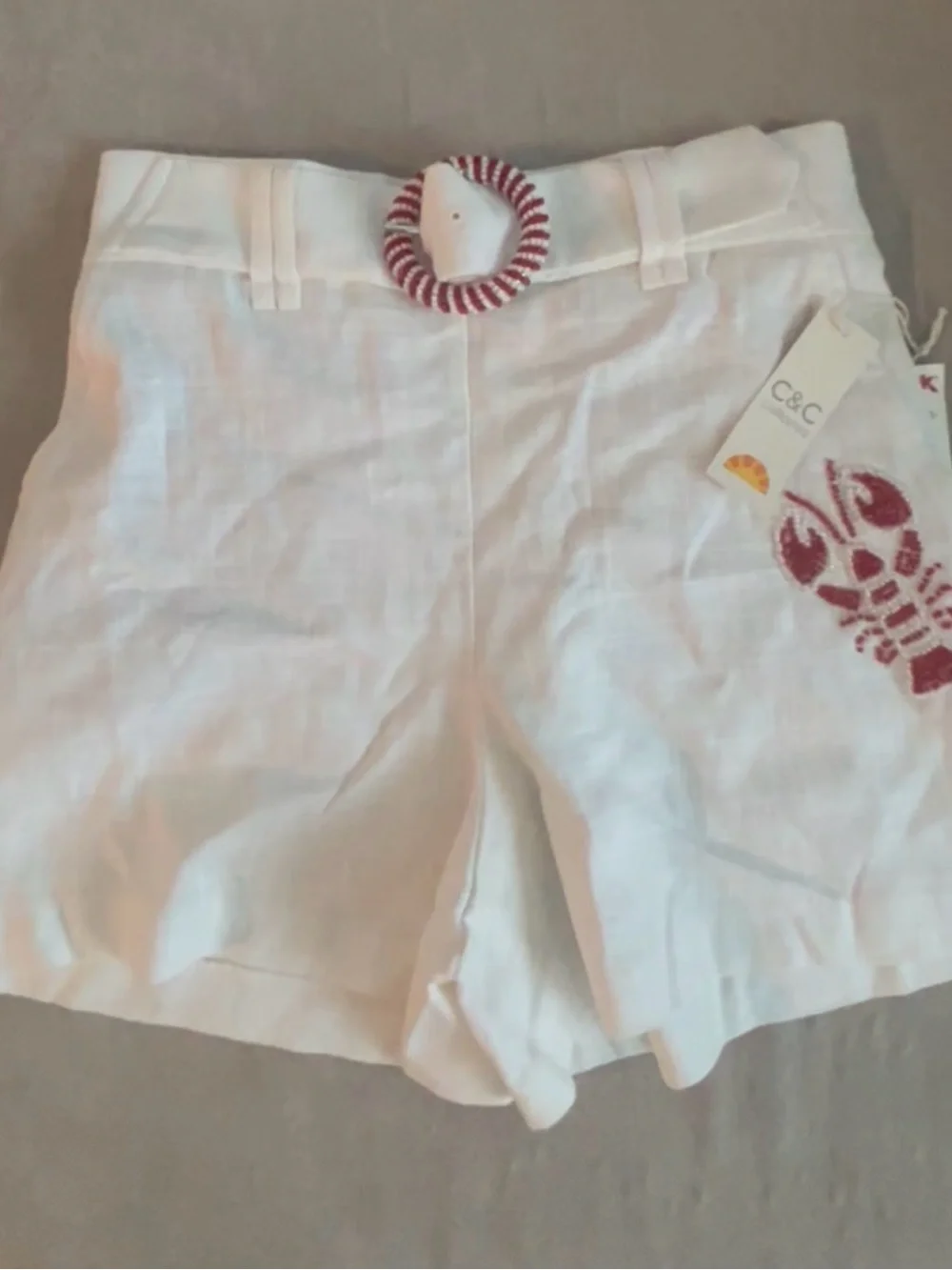 C&C California White Linen Shorts with Lobster Red Beaded Detail - Picture 1 of 2